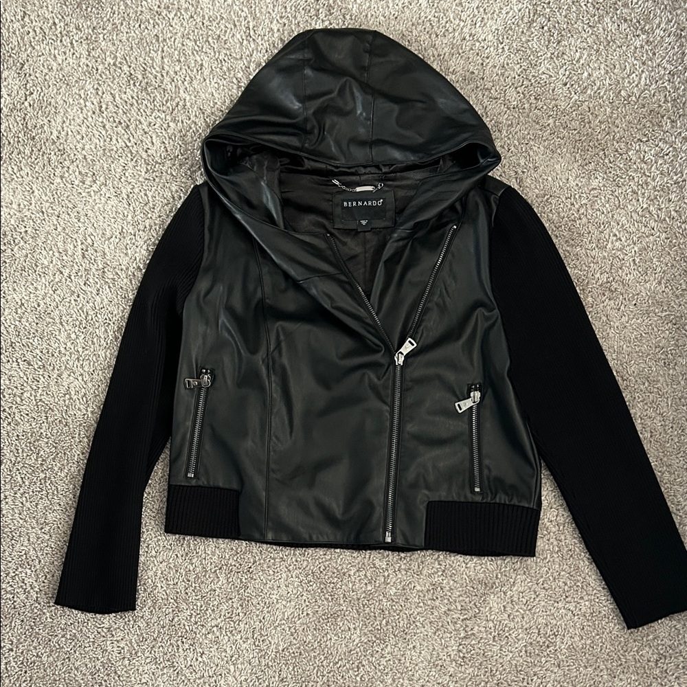 Bernardo Black Vegan Leather Sweater Hooded Jacket
